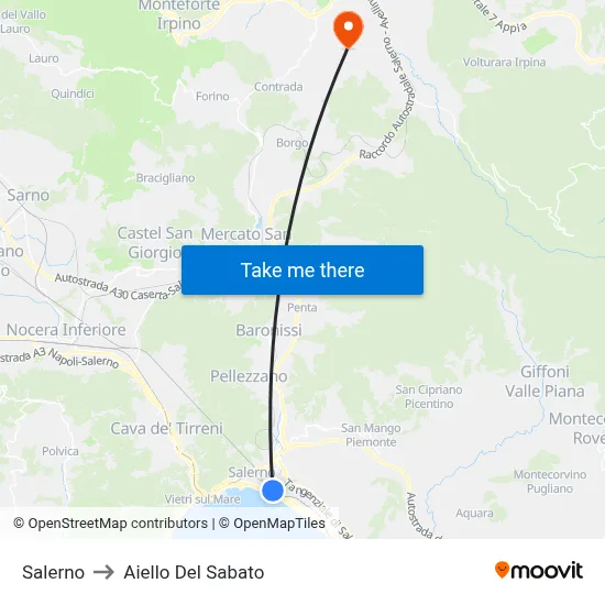 Salerno to Aiello Del Sabato map