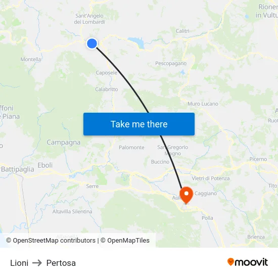 Lioni to Pertosa map