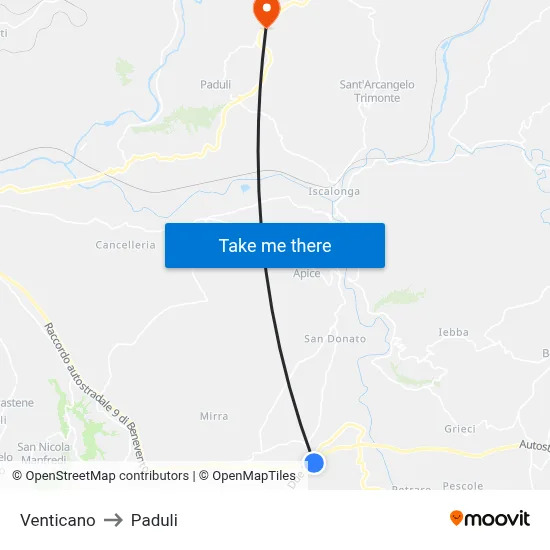 Venticano to Paduli map