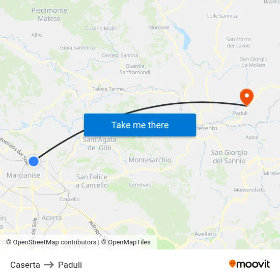 Caserta to Paduli map