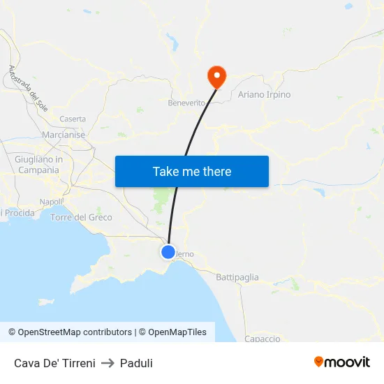 Cava De' Tirreni to Paduli map