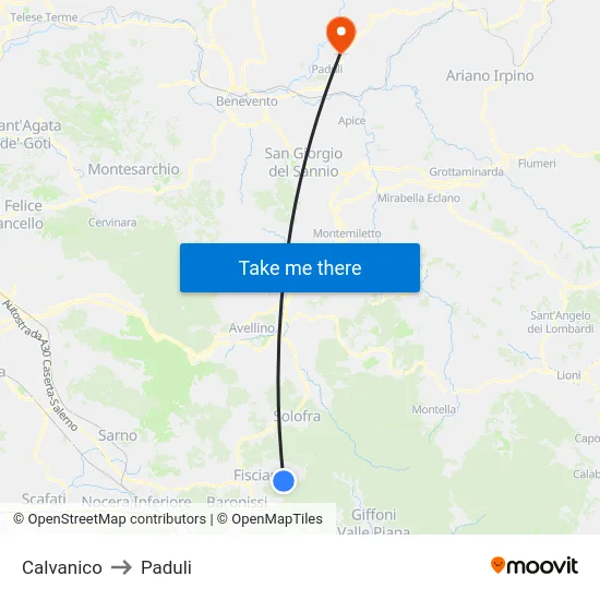 Calvanico to Paduli map