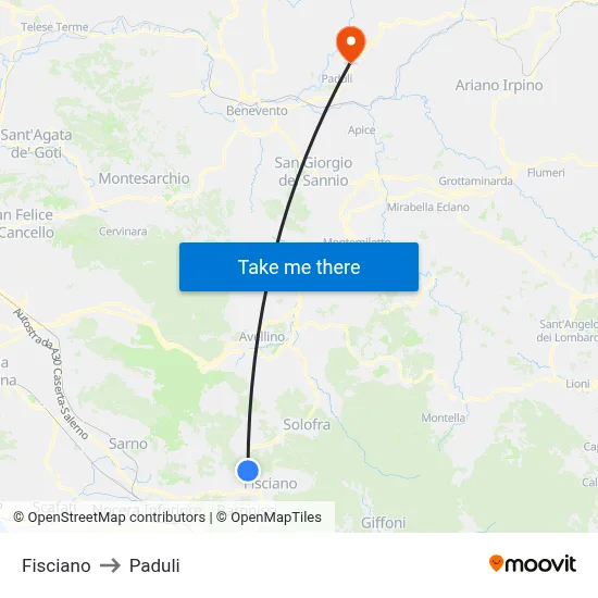 Fisciano to Paduli map