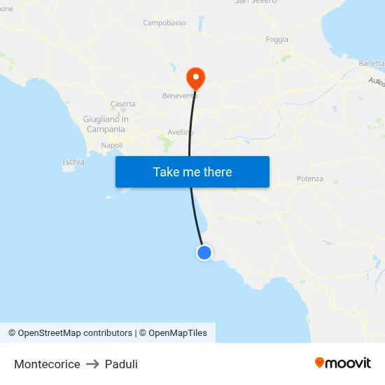 Montecorice to Paduli map