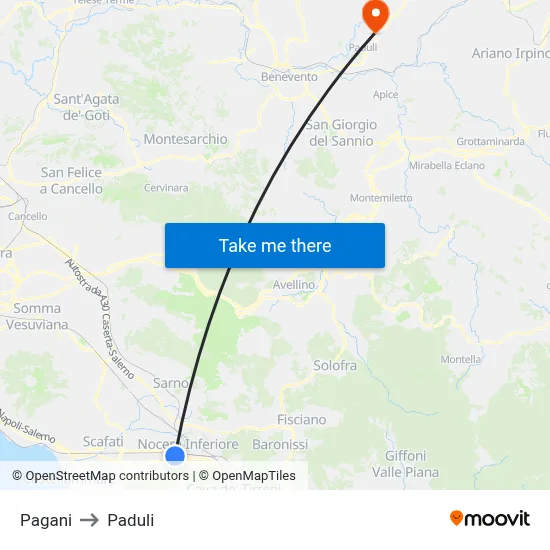 Pagani to Paduli map