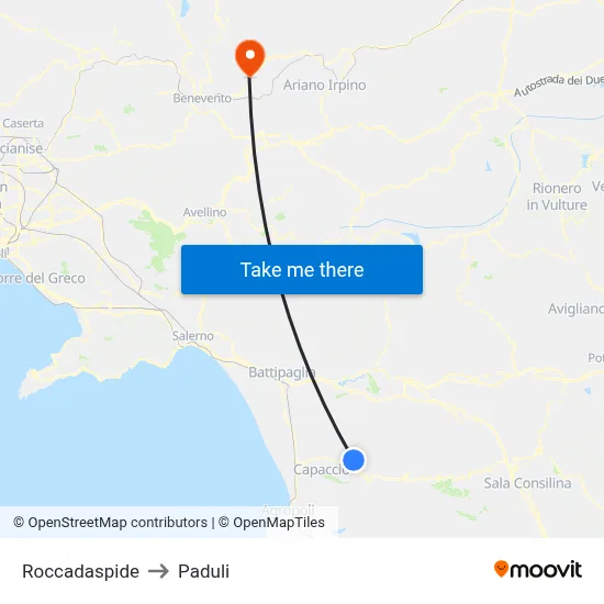 Roccadaspide to Paduli map