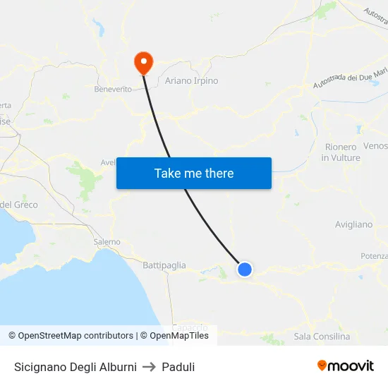 Sicignano Degli Alburni to Paduli map