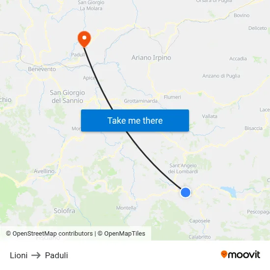 Lioni to Paduli map