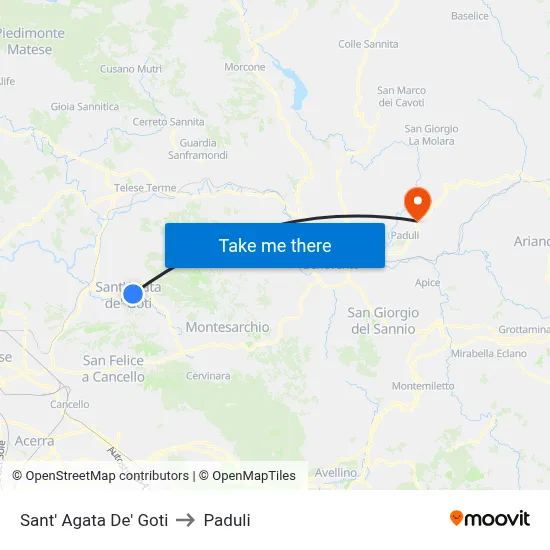 Sant' Agata De' Goti to Paduli map