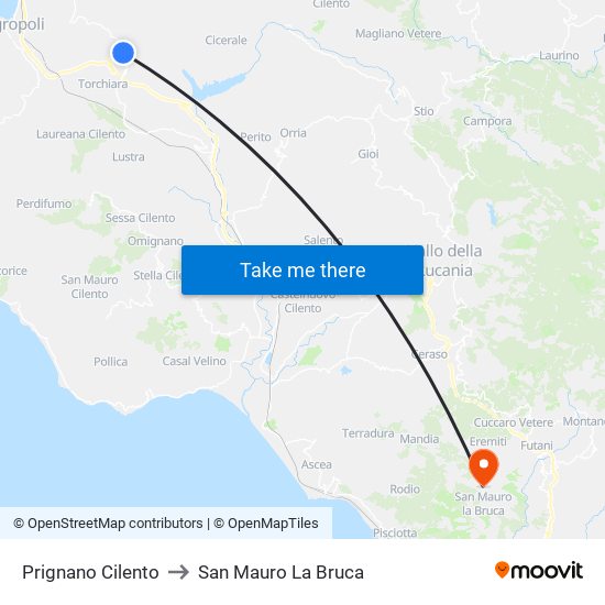 Prignano Cilento to San Mauro La Bruca map