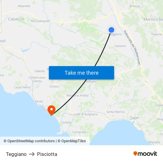 Teggiano to Pisciotta map