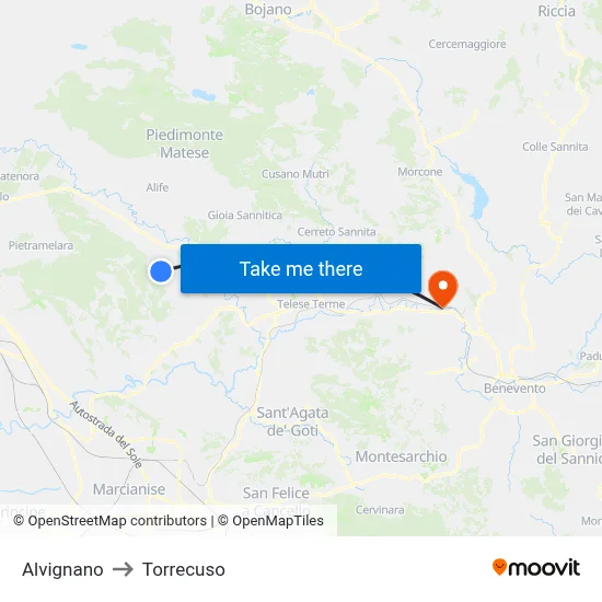Alvignano to Torrecuso map