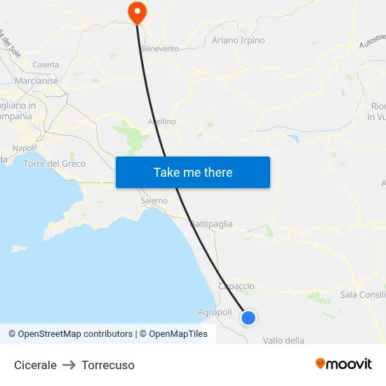 Cicerale to Torrecuso map
