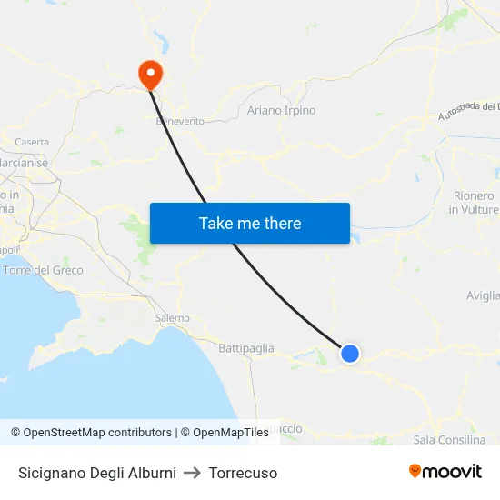 Sicignano Degli Alburni to Torrecuso map