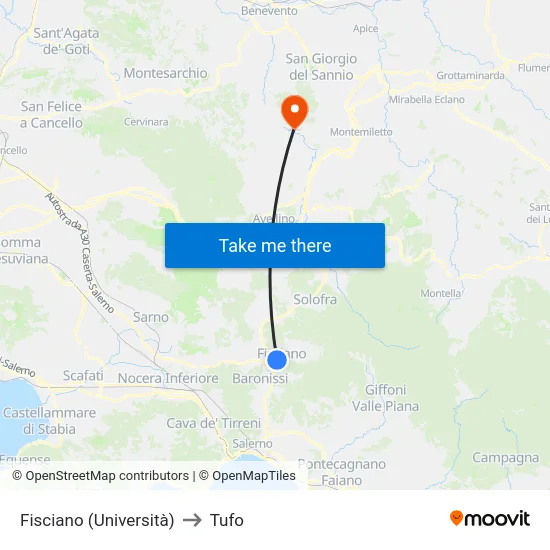 Fisciano (Università) to Tufo map