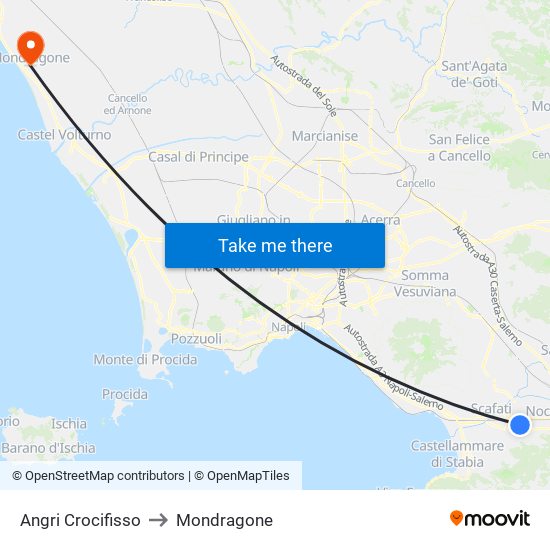 Angri Crocifisso to Mondragone map