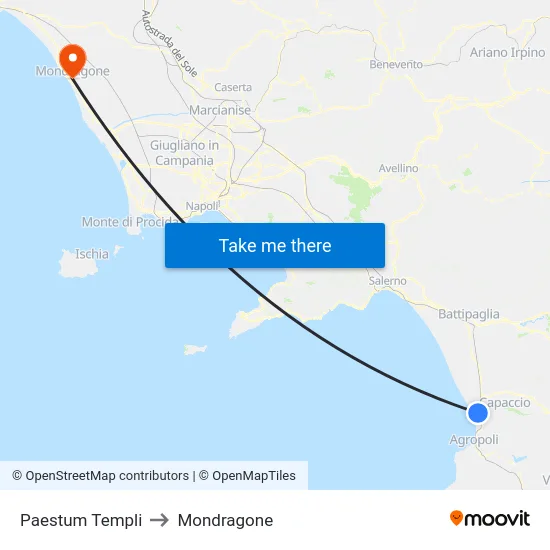 Paestum Templi to Mondragone map