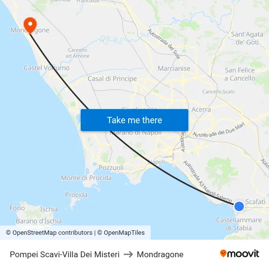 Pompeii Excavations-Villa of Mysteries to Mondragone map