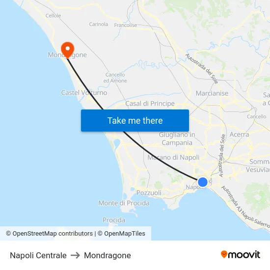 Napoli Centrale to Mondragone map
