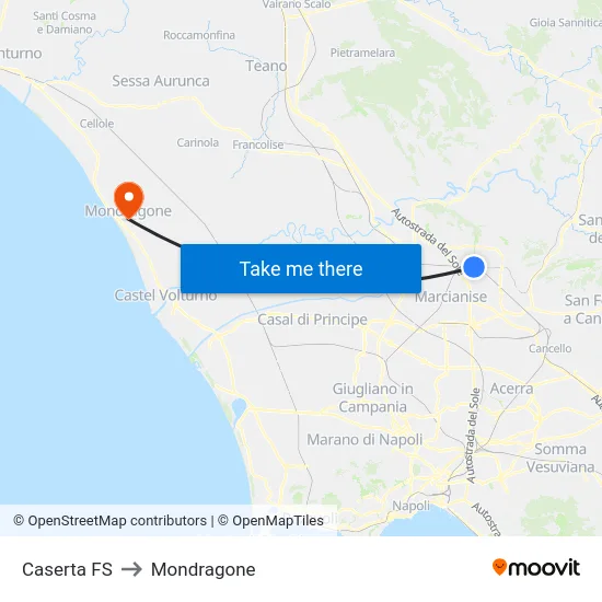 Caserta FS to Mondragone map