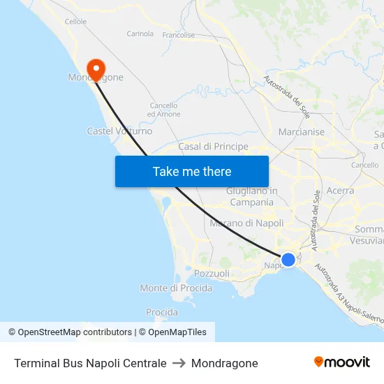 Naples Central Bus Terminal to Mondragone map