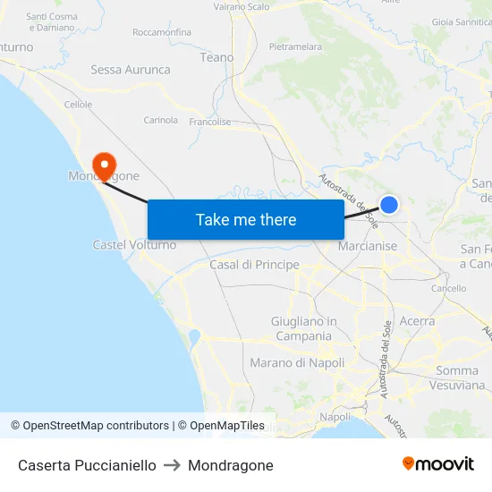 Caserta Puccianiello to Mondragone map