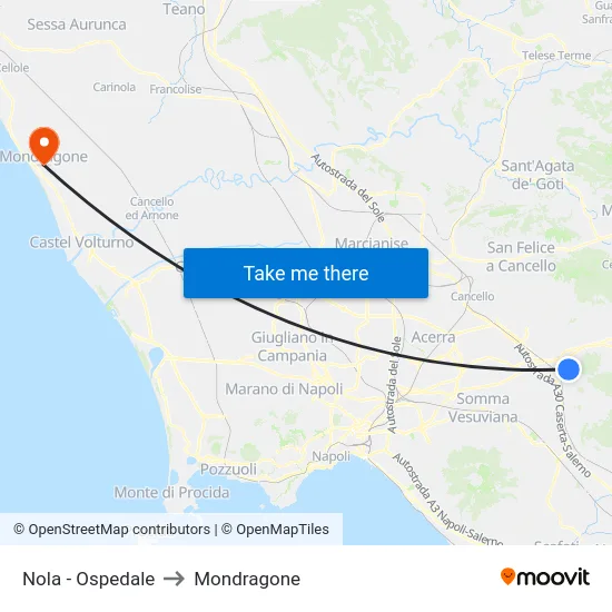 Nola - Ospedale to Mondragone map