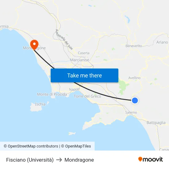 Fisciano (Università) to Mondragone map