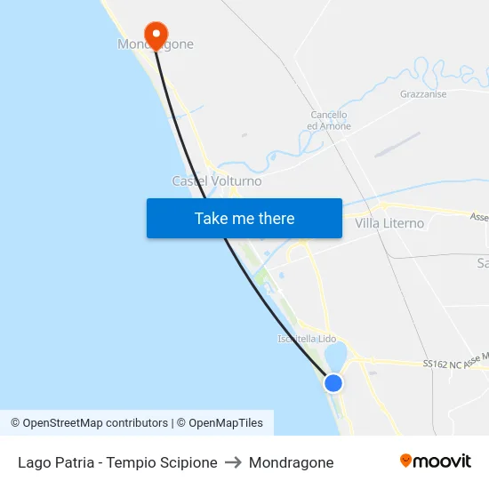 Lago Patria - Tempio Scipione to Mondragone map