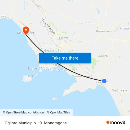 Ogliara Town Hall to Mondragone map