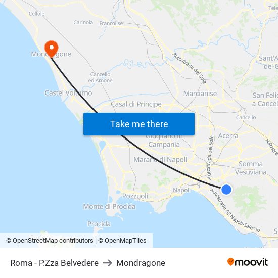 Roma - P.Zza Belvedere to Mondragone map
