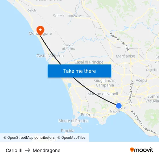 Carlo III to Mondragone map