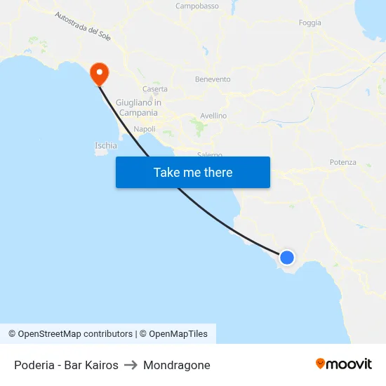 Poderia - Bar Kairos to Mondragone map