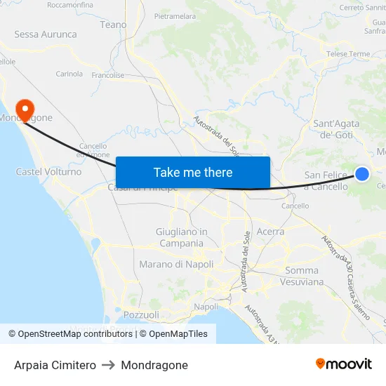 Arpaia Cemetery to Mondragone map