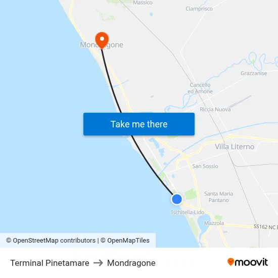 Pinetamare Terminal to Mondragone map