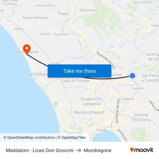 Maddaloni - Liceo Don Gnocchi to Mondragone map