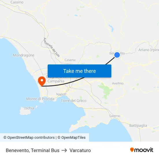 Benevento Bus Terminal to Varcaturo map