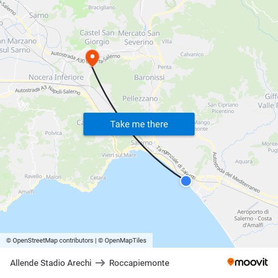Allende Stadio Arechi to Roccapiemonte map