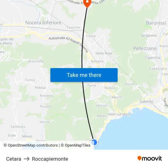 Cetara to Roccapiemonte map