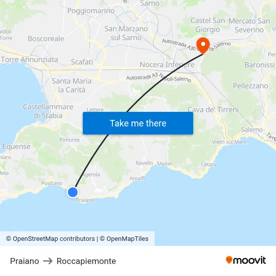 Praiano to Roccapiemonte map