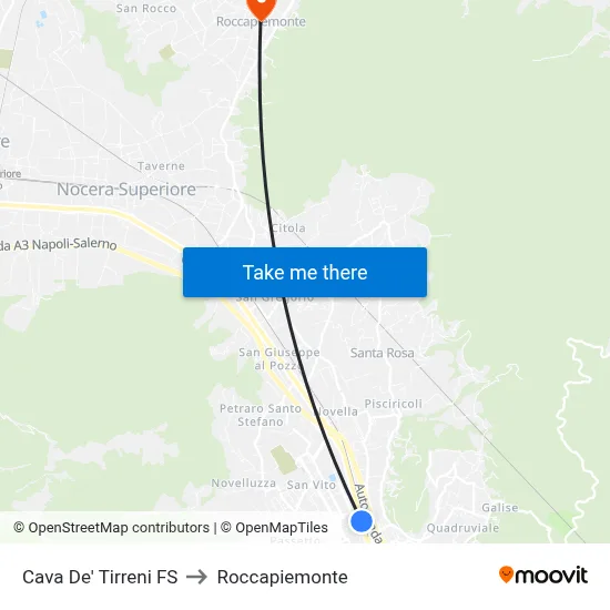 Cava De' Tirreni Station to Roccapiemonte map