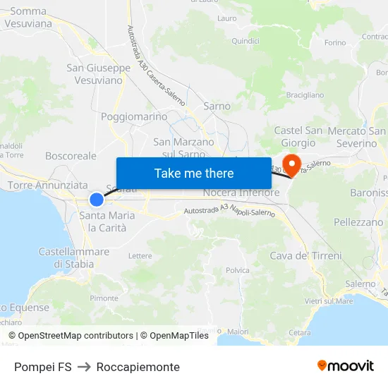 Pompei Station to Roccapiemonte map