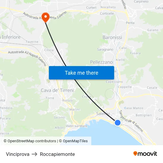 Vinciprova to Roccapiemonte map