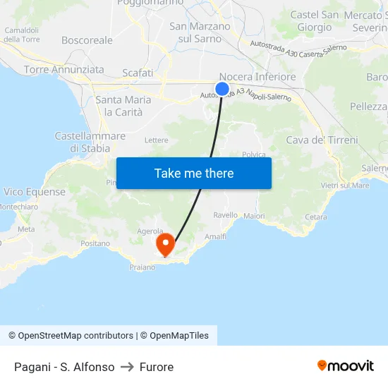 Pagani - St. Alfonso to Furore map