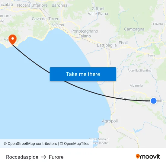 Roccadaspide to Furore map