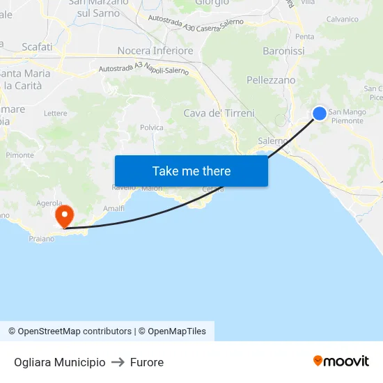 Ogliara Town Hall to Furore map