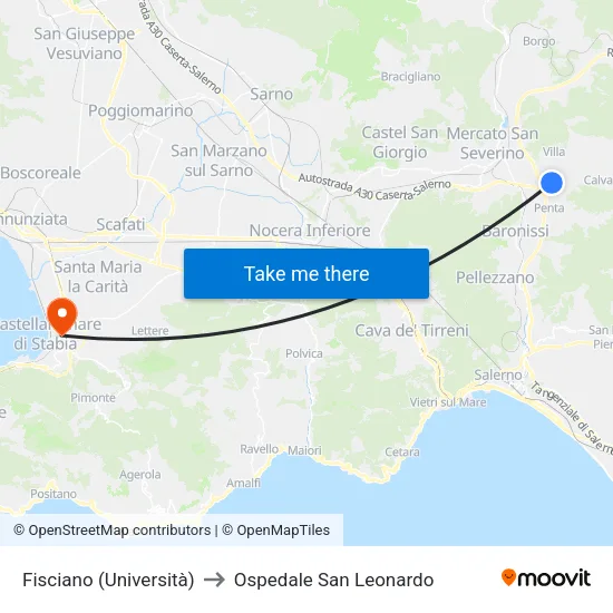 Fisciano (Università) to Ospedale San Leonardo map