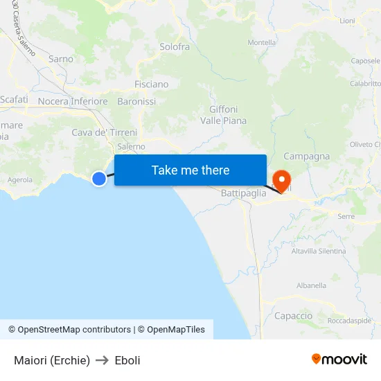 Maiori (Erchie) to Eboli map