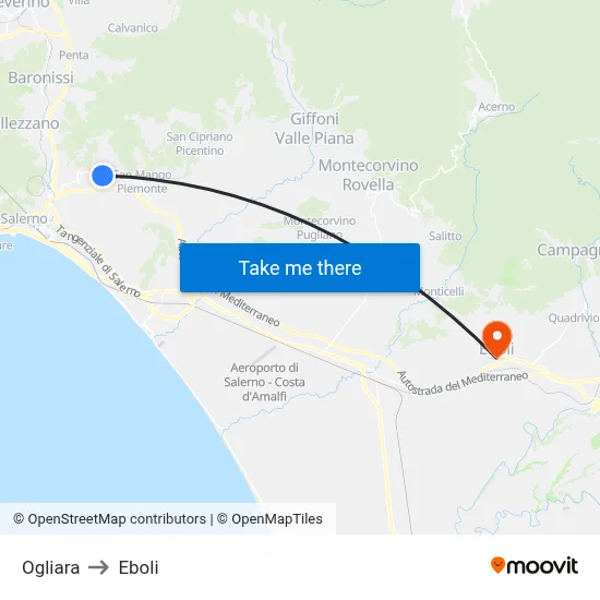 Ogliara to Eboli map