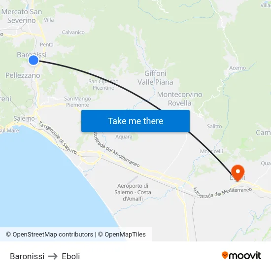 Baronissi to Eboli map